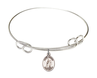 7 1/2 inch Round Double Loop Rhodium Bangle Bracelet with a Sterling Silver Saint Drogo charm. Engraved Catholic Saint Jewelry