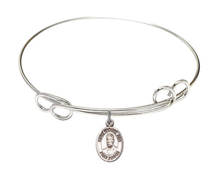 7 1/2 inch Round Double Loop Rhodium Bangle Bracelet with a Sterling Silver Blessed Miguel Pro charm. Engraved Catholic Saint Jewelry