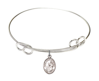 7 1/2 inch Round Double Loop Rhodium Bangle Bracelet with a Sterling Silver Saint Jacob of Nisibis charm. Engraved Catholic Saint Jewelry