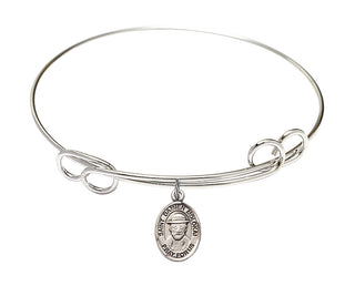 7 1/2 inch Round Double Loop Rhodium Bangle Bracelet with a Sterling Silver Saint Damien of Molokai charm. Engraved Catholic Saint Jewelry