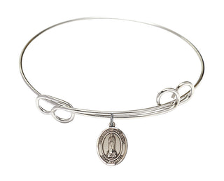 7 1/2 inch Round Double Loop Rhodium Bangle Bracelet with a Sterling Silver Our Lady of Kibeho charm. Engraved Catholic Saint Jewelry