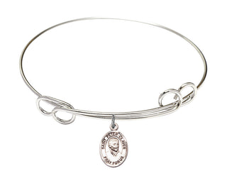 7 1/2 inch Round Double Loop Rhodium Bangle Bracelet with a Sterling Silver Saint Peter Claver charm. Engraved Catholic Saint Jewelry