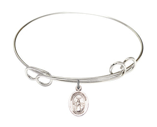 7 1/2 inch Round Double Loop Rhodium Bangle Bracelet with a Sterling Silver Saint Medard of Noyon charm. Engraved Catholic Saint Jewelry