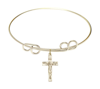 8 inch Round Double Loop Hamilton Gold Bangle Bracelet with a 14kt Gold Filled Crucifix charm.