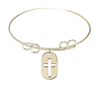 8 inch Round Double Loop Hamilton Gold Bangle Bracelet with a 14kt Gold Filled Cross Dog Tag charm.