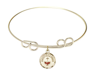 8 inch Round Double Loop Hamilton Gold Bangle Bracelet with a 14kt Gold Filled Confirmation charm. Engraved Catholic Saint Jewelry