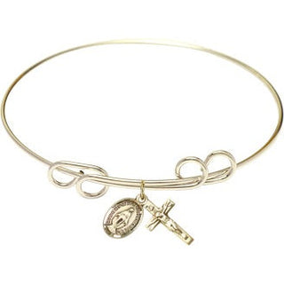 8 inch Round Double Loop Hamilton Gold Bangle Bracelet with a 14kt Gold Filled Crucifix charm.