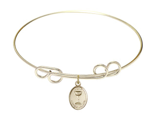 8 inch Round Double Loop Hamilton Gold Bangle Bracelet with a 14kt Gold Filled Holy Communion charm.
