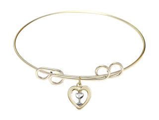 8 inch Round Double Loop Hamilton Gold Bangle Bracelet with a Two-Tone GF/SS Heart / Chalice charm.