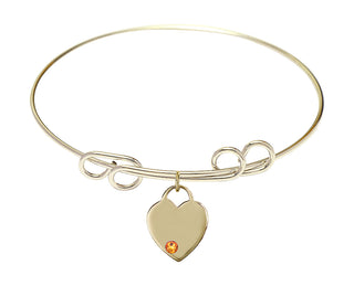 8 inch Round Double Loop Hamilton Gold Bangle Bracelet with a 14kt Gold Filled Heart charm. Engraved Catholic Saint Jewelry