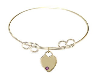 8 inch Round Double Loop Hamilton Gold Bangle Bracelet with a 14kt Gold Filled Heart charm. Engraved Catholic Saint Jewelry