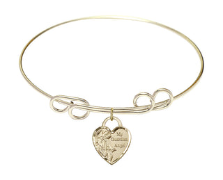 8 inch Round Double Loop Hamilton Gold Bangle Bracelet with a 14kt Gold Filled Guardian Angel Heart charm. Engraved Catholic Saint Jewelry