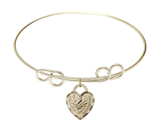 8 inch Round Double Loop Hamilton Gold Bangle Bracelet with a 14kt Gold Filled Graduation Heart charm. Engraved Catholic Saint Jewelry