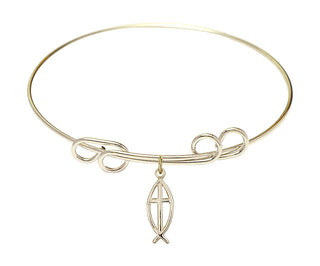 8 inch Round Double Loop Hamilton Gold Bangle Bracelet with a 14kt Gold Filled Fish / Cross charm.