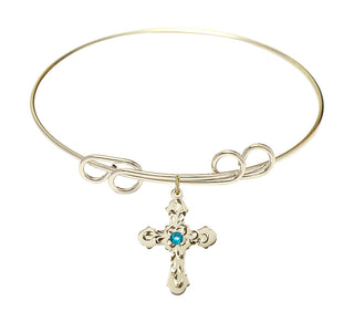 8 inch Round Double Loop Hamilton Gold Bangle Bracelet with a 14kt Gold Filled Cross charm. Engraved Catholic Saint Jewelry