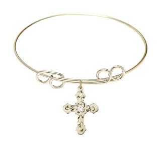 8 inch Round Double Loop Hamilton Gold Bangle Bracelet with a 14kt Gold Filled Cross charm. Engraved Catholic Saint Jewelry