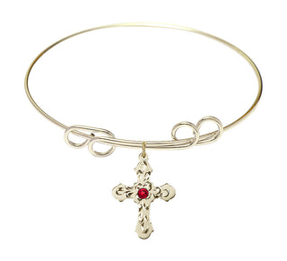 8 inch Round Double Loop Hamilton Gold Bangle Bracelet with a 14kt Gold Filled Cross charm. Engraved Catholic Saint Jewelry