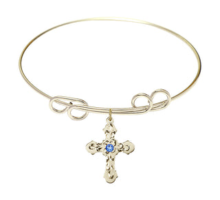 8 inch Round Double Loop Hamilton Gold Bangle Bracelet with a 14kt Gold Filled Cross charm. Engraved Catholic Saint Jewelry