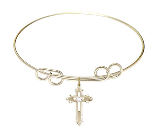 8 inch Round Double Loop Hamilton Gold Bangle Bracelet with a 14kt Gold Filled Cross on Cross charm. Engraved Catholic Saint Jewelry