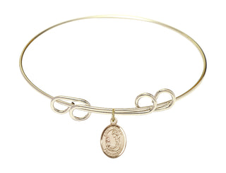 8 inch Round Double Loop Hamilton Gold Bangle Bracelet with a 14kt Gold Filled Saint Cecilia charm. Engraved Catholic Saint Jewelry