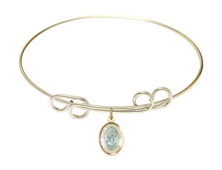 8 inch Round Double Loop Hamilton Gold Bangle Bracelet with a 14kt Gold Filled Saint Christopher charm. Engraved Catholic Saint Jewelry