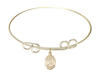8 inch Round Double Loop Hamilton Gold Bangle Bracelet with a 14kt Gold Filled Saint Elizabeth of Hungary charm. Engraved Catholic Saint Jewelry