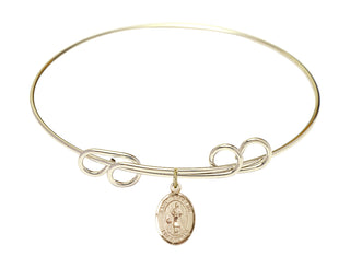 8 inch Round Double Loop Hamilton Gold Bangle Bracelet with a 14kt Gold Filled Saint Genesius of Rome charm. Engraved Catholic Saint Jewelry