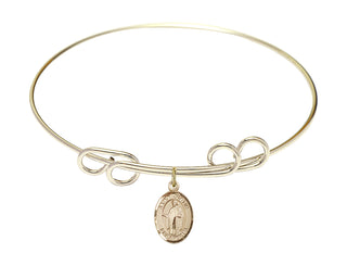 8 inch Round Double Loop Hamilton Gold Bangle Bracelet with a 14kt Gold Filled Saint Justin charm. Engraved Catholic Saint Jewelry