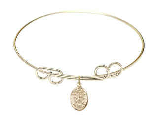 8 inch Round Double Loop Hamilton Gold Bangle Bracelet with a 14kt Gold Filled Saint Michael the Archangel charm. Engraved Catholic Saint Jewelry