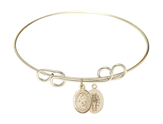 8 inch Round Double Loop Hamilton Gold Bangle Bracelet with a 14kt Gold Filled Miraculous charm. Engraved Catholic Saint Jewelry