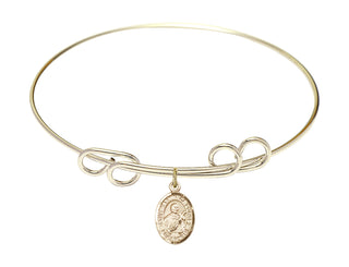 8 inch Round Double Loop Hamilton Gold Bangle Bracelet with a 14kt Gold Filled Saint Martin de Porres charm. Engraved Catholic Saint Jewelry