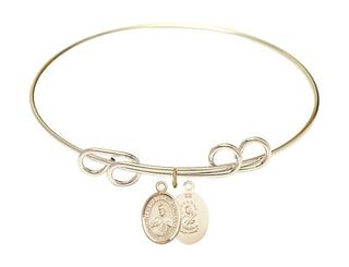 8 inch Round Double Loop Hamilton Gold Bangle Bracelet with a 14kt Gold Filled Scapular charm. Engraved Catholic Saint Jewelry