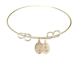 8 inch Round Double Loop Hamilton Gold Bangle Bracelet with a 14kt Gold Filled Our Lady of Guadalupe charm. Engraved Catholic Saint Jewelry
