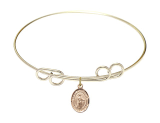 8 inch Round Double Loop Hamilton Gold Bangle Bracelet with a 14kt Gold Filled Saint Petronilla charm. Engraved Catholic Saint Jewelry