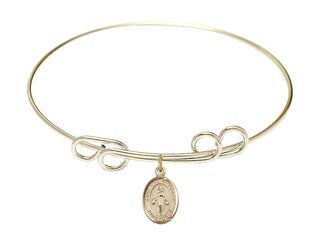 8 inch Round Double Loop Hamilton Gold Bangle Bracelet with a 14kt Gold Filled Saint Nino de Atocha charm. Engraved Catholic Saint Jewelry