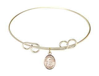 8 inch Round Double Loop Hamilton Gold Bangle Bracelet with a 14kt Gold Filled San Juan de la Cruz charm. Engraved Catholic Saint Jewelry