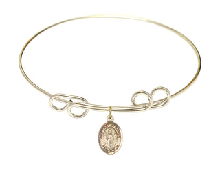 8 inch Round Double Loop Hamilton Gold Bangle Bracelet with a 14kt Gold Filled Our Lady of Knock charm. Engraved Catholic Saint Jewelry