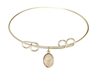 8 inch Round Double Loop Hamilton Gold Bangle Bracelet with a 14kt Gold Filled Blessed Trinity charm. Engraved Catholic Saint Jewelry