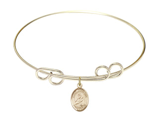 8 inch Round Double Loop Hamilton Gold Bangle Bracelet with a 14kt Gold Filled Saint Perpetua charm. Engraved Catholic Saint Jewelry