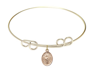 8 inch Round Double Loop Hamilton Gold Bangle Bracelet with a 14kt Gold Filled Saint Ronan charm. Engraved Catholic Saint Jewelry
