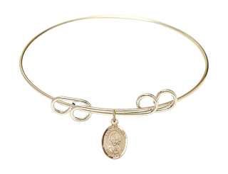 8 inch Round Double Loop Hamilton Gold Bangle Bracelet with a 14kt Gold Filled Saint Gianna Beretta Molla charm. Engraved Catholic Saint Jewelry