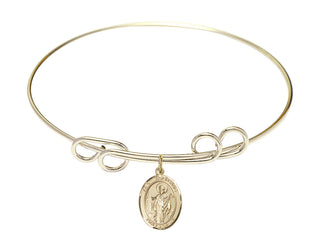 8 inch Round Double Loop Hamilton Gold Bangle Bracelet with a 14kt Gold Filled Saint Wolfgang charm. Engraved Catholic Saint Jewelry