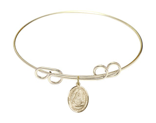 8 inch Round Double Loop Hamilton Gold Bangle Bracelet with a 14kt Gold Filled Saint Edburga of Winchester charm. Engraved Catholic Saint Jewelry