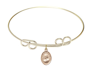8 inch Round Double Loop Hamilton Gold Bangle Bracelet with a 14kt Gold Filled Saint Luigi Orione charm. Engraved Catholic Saint Jewelry