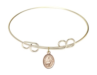 8 inch Round Double Loop Hamilton Gold Bangle Bracelet with a 14kt Gold Filled Saint Catherine of Sweden charm. Engraved Catholic Saint Jewelry