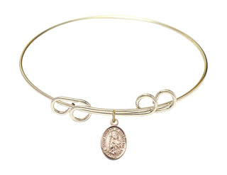 8 inch Round Double Loop Hamilton Gold Bangle Bracelet with a 14kt Gold Filled Saint Adrian of Nicomedia charm. Engraved Catholic Saint Jewelry