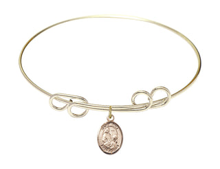 8 inch Round Double Loop Hamilton Gold Bangle Bracelet with a 14kt Gold Filled Saint Fina charm. Engraved Catholic Saint Jewelry