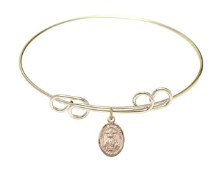 8 inch Round Double Loop Hamilton Gold Bangle Bracelet with a 14kt Gold Filled Saint Andrew Kim Taegon charm. Engraved Catholic Saint Jewelry