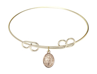 8 inch Round Double Loop Hamilton Gold Bangle Bracelet with a 14kt Gold Filled Saint Ivo of Kelmartin charm. Engraved Catholic Saint Jewelry