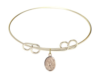 8 inch Round Double Loop Hamilton Gold Bangle Bracelet with a 14kt Gold Filled Our Lady of Assumption charm. Engraved Catholic Saint Jewelry